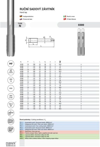 narex_zdanice_0300_mf_m35_m52 Набір мітчиків з дрібним кроком Narex 0300 MF M35-M52 (2 шт) / Комплект ручных метчиков с мелким шагом